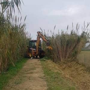Tractor forestal con brazo articulado eliminando caña americana en un río